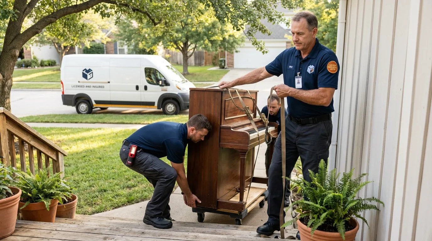 Licensed piano movers securing grand piano in Shullsburg, WI
