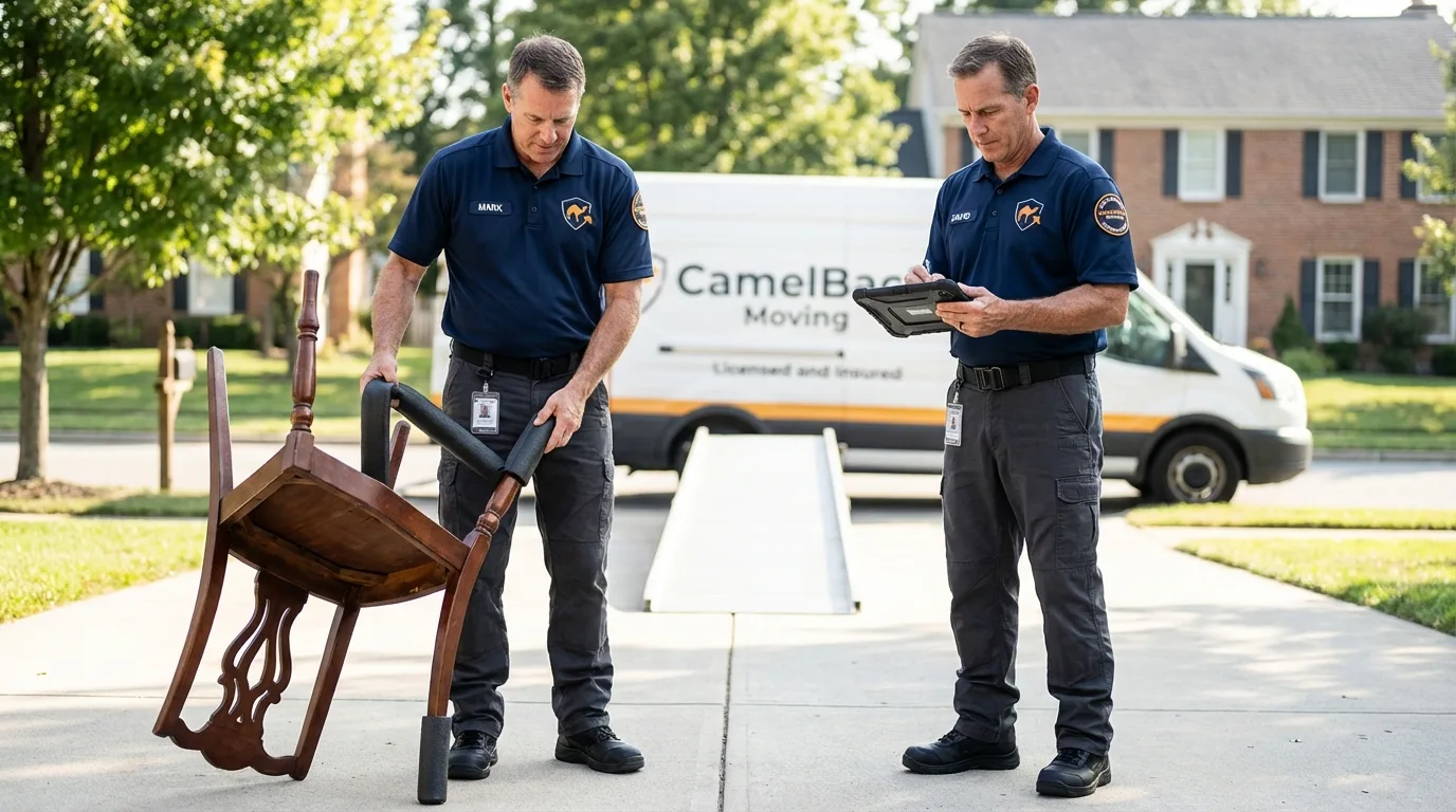 Movers inspecting furniture for damage prevention before loading in Shullsburg, WI