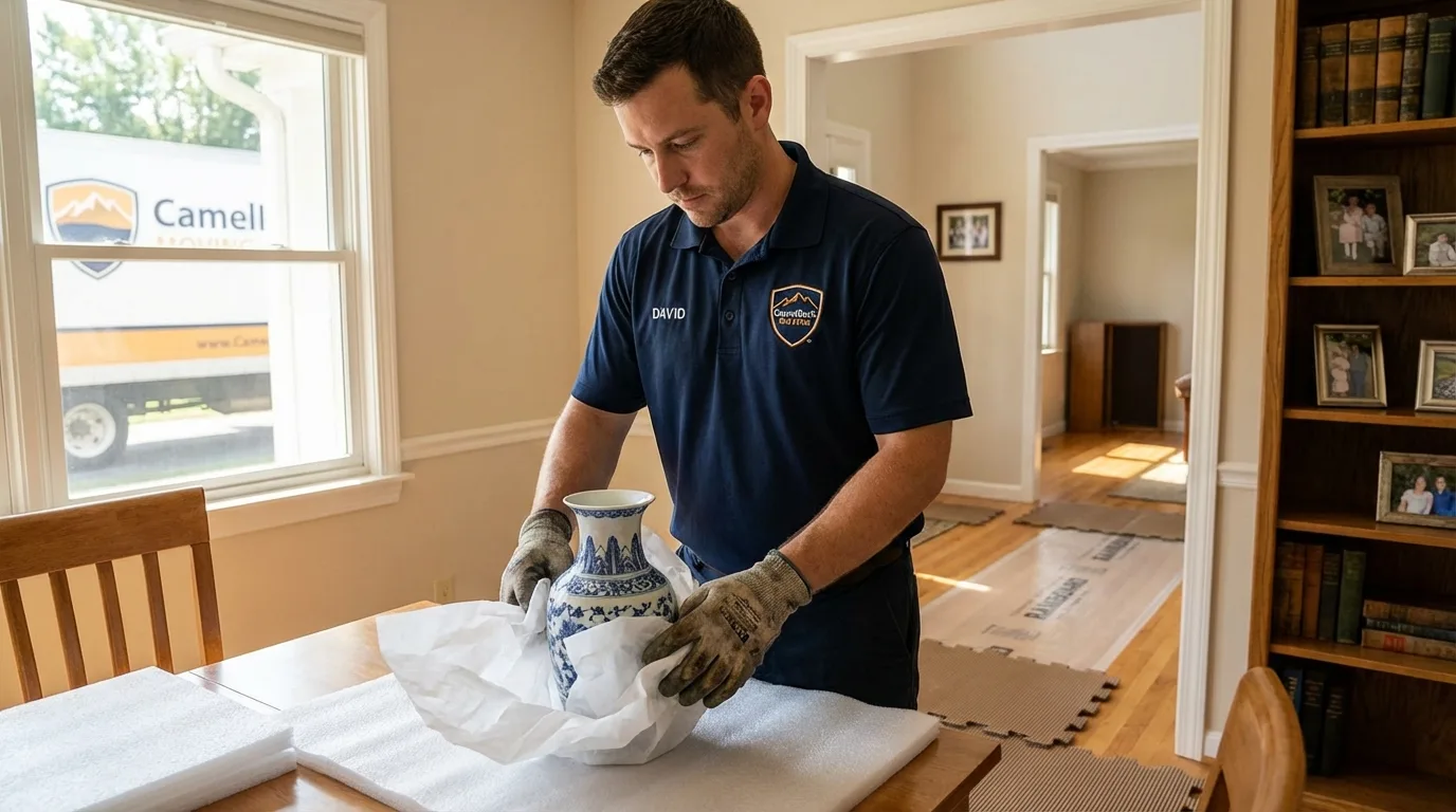 Professional crew carefully wrapping antique vase for senior downsizing move in Shullsburg, WI